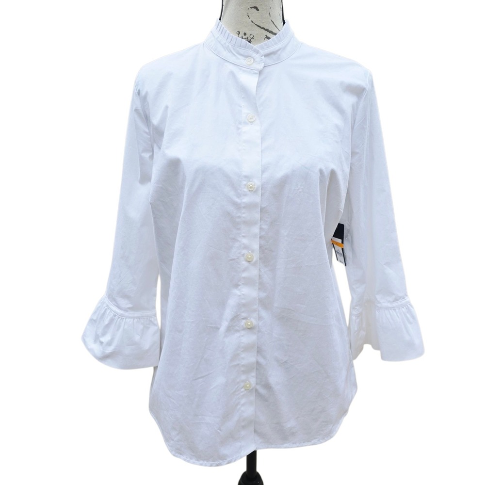 Crown & Ivy -478 NWT Ruffle Cuff Blouse Mandarin Collar Button Down White Small‎